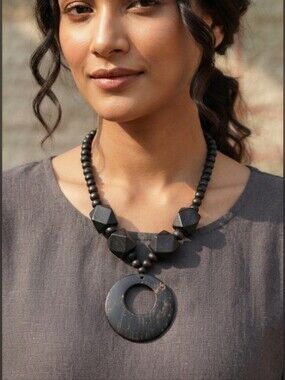 Rustic Black Wood Beaded Statement Necklace Boho Geometric Pendant Goth